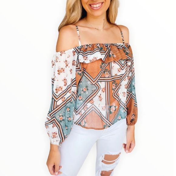 Lovestitch Patchwork Mixed Print Open Shoulder Long Sleeve Top size Medium - Picture 1 of 14